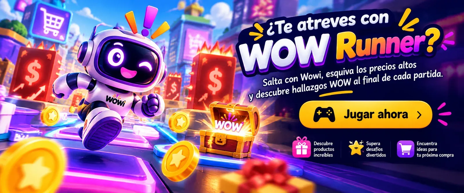 WOW Runner: Wowi, el robot de Wow Lo Quiero, salta precios altos y recoge monedas WOW